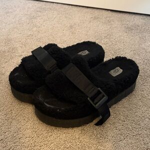 UGG Black Fuzzy Slide Sandals with Strap
